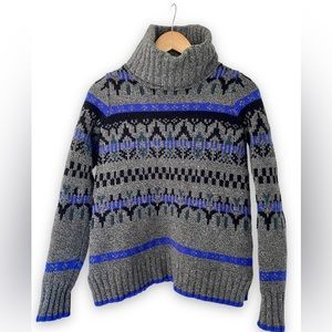 Madewell Iceblock Fair Isle Cowl Neck Sweater 100% Merino Wool Gray Blue Black